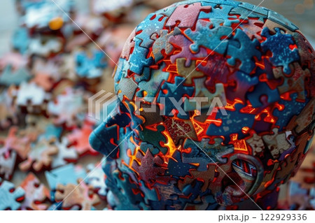 Ai generated Puzzle in a shape of human head with pieces, damage or loss memory. 122929336