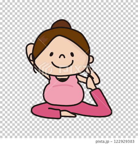 マタニティヨガで鳩のポーズをする女性 マタニティヨガで鳩のポーズをする女性 122929383