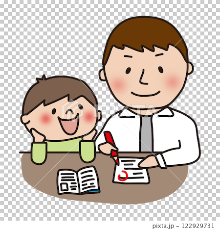 息子の勉強の採点をするパパ 122929731
