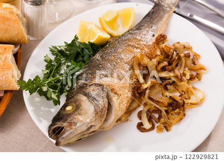 Oven baked sea bass fish 122929821