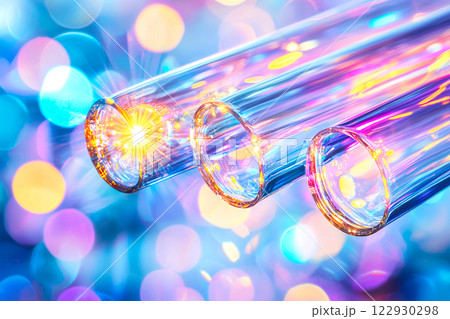 A close up view of transparent fiber optic strands illuminated by multicolored lights 122930298