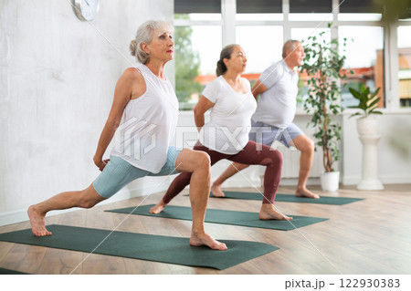 Elderly women adn man practicing various yoga positions during training 122930383