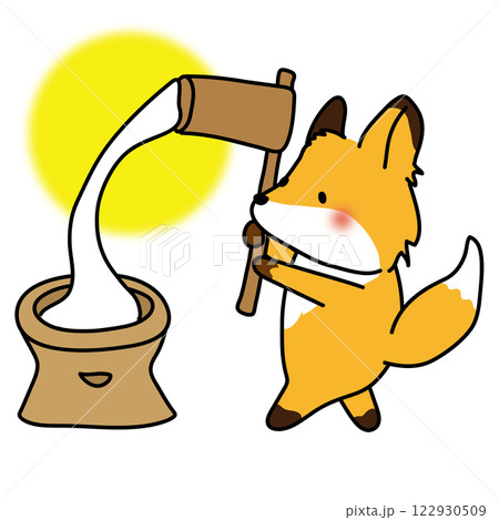 お月見で餅つきをするキツネと月 122930509