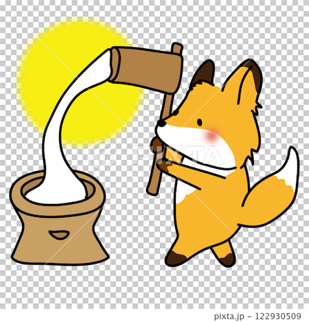 お月見で餅つきをするキツネと月 122930509