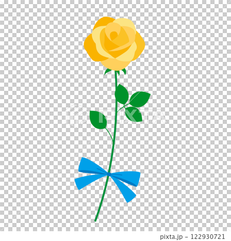 A single yellow rose decorated with a ribbon 122930721