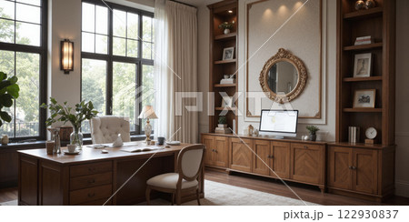 Intimate Home Office Sanctuary presenting a personalized, inviting workspace with soft natural lighting, a well-organized desk with state-of-the-art technology, and calming decor 122930837