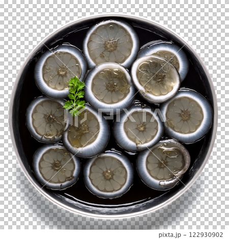 Jellied Eels - A traditional dish from London, consisting of eels that are boiled, then set in their own jelly. 122930902