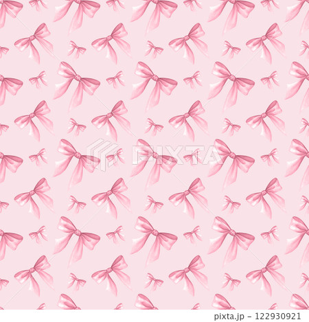 Coquette Bows in pastel pink color. Watercolor hand drawn seamless pattern of delicate trendy accessory on pink. Girly and lady style. For cutecore, romantic design, textile, wrapping, scrapbooking. 122930921