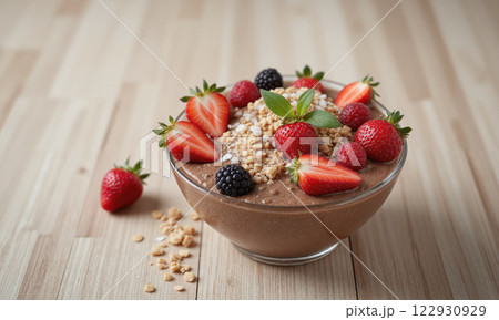 A mocha mousse smoothie bowl, garnished with fresh berries, coconut flakes, and a sprinkle of granola. The smoothie bowl is 122930929