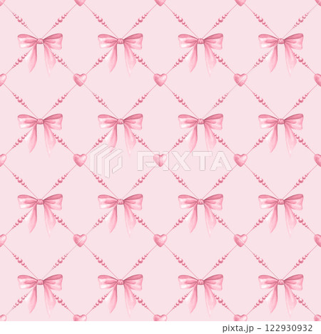 Coquette Bows, beads and hearts in pastel pink color. Watercolor seamless pattern of pendants diagonally hand drawn on pink for cutecore, romantic design, textile, wrapping and scrapbooking paper. 122930932