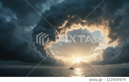 Clouds in the sky take on the shape of a roaring monster, its open mouth creating a powerful vortex 122930974