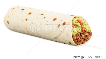 Burrito (Mexico) - A large flour tortilla filled with ingredients such as rice, beans, grilled meats, cheese, and guacamole, wrapped Burrito (Mexico) - A large flour tortilla filled with ingredients such as rice, beans, grilled meats, cheese, and guacamole, wrapped 122930990