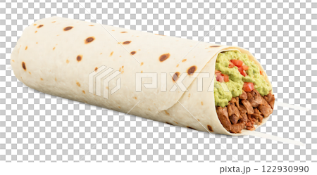 Burrito (Mexico) - A large flour tortilla filled with ingredients such as rice, beans, grilled meats, cheese, and guacamole, wrapped 122930990