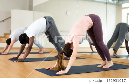 People exercising downward-facing dog pose in gym People exercising downward-facing dog pose in gym 122931017