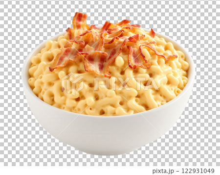 Mac and Cheese with Bacon Macaroni and cheese made with a creamy cheese sauce, topped with crispy bacon and baked 122931049