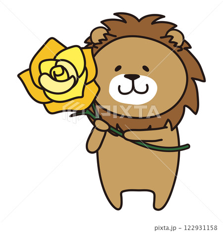黄色い大きなバラを持っているライオン 122931158