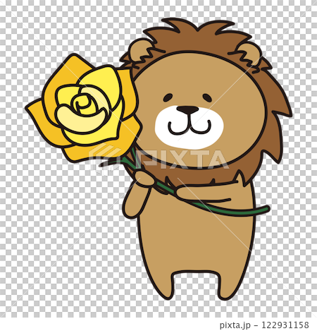 黄色い大きなバラを持っているライオン 122931158
