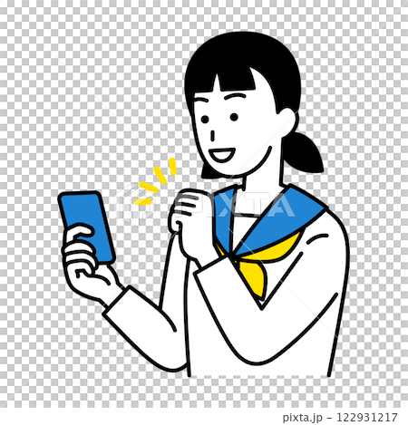 A female student doing a fist pump while looking at a smartphone screen A female student doing a fist pump while looking at a smartphone screen 122931217