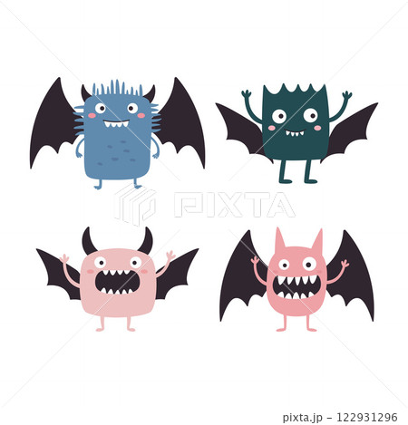 Set of Winged Cute Crazy Ugly Monster Cartoon Character with Humor Happy Expression Set of Winged Cute Crazy Ugly Monster Cartoon Character with Humor Happy Expression 122931296