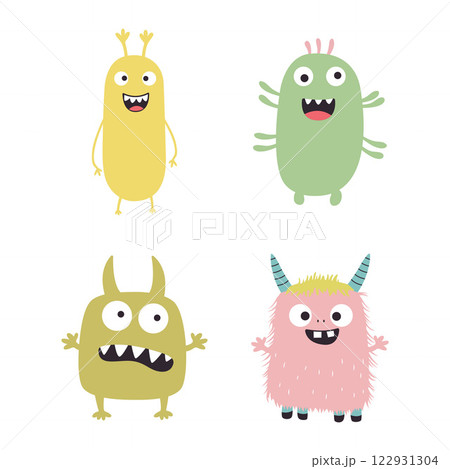 Set of Colorful Cute Crazy Ugly Monster Mascot Cartoon Character with Humor Happy Expression 122931304