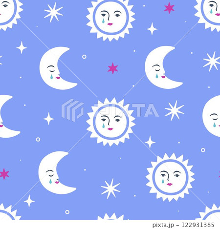 Simple seamless pattern with sun, moon, stars on blue background. Vector graphics. 122931385