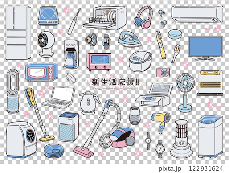 Simple home appliance illustration set Spring New life/living alone support Line drawing 122931624