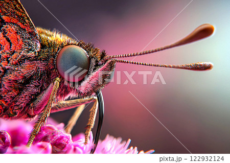 A macro wildlife shot capturing a close-up of a butterfly proboscis sipping nectar 122932124