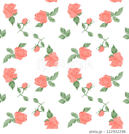 Seamless pattern with a flowers, pink roses and green leaves isolated on a white background Seamless pattern with a flowers, pink roses and green leaves isolated on a white background 122932296