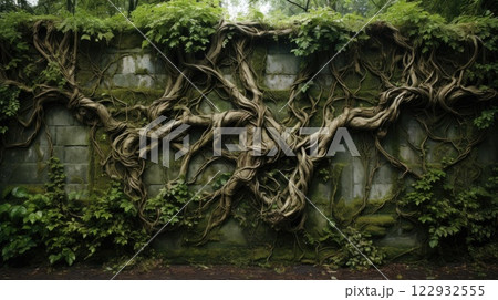 Ivy roots on wall. Generative AI 122932555