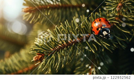Ladybug on pine tree. Generative AI 122932562
