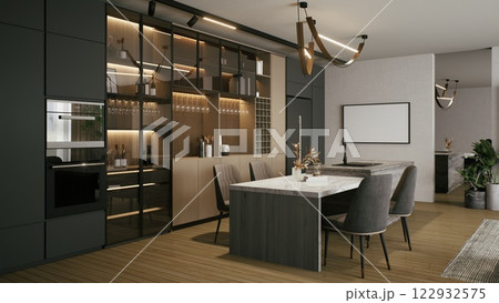 Modern kitchen featuring sleek cabinetry, elegant lighting, and a spacious dining area, combining functionality with contemporary design. 3d rendering. Modern kitchen featuring sleek cabinetry, elegant lighting, and a spacious dining area, combining functionality with contemporary design. 3d rendering. 122932575