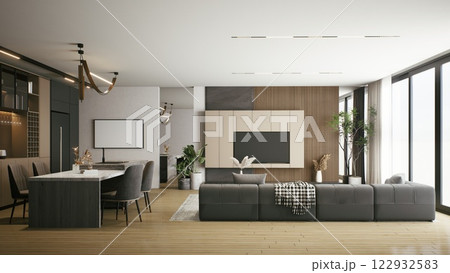 A modern, open-concept living space featuring a sleek sofa, dining area, and large windows, with a blend of natural wood and contemporary design elements. 3d rendering. A modern, open-concept living space featuring a sleek sofa, dining area, and large windows, with a blend of natural wood and contemporary design elements. 3d rendering. 122932583