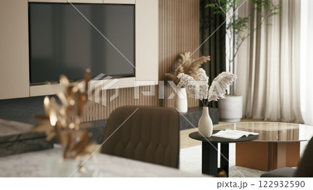 A modern living room featuring a TV, stylish decor, and potted plants, creating a cozy and inviting atmosphere. 3d rendering. 122932590