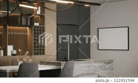 A modern kitchen interior featuring a sleek design with a minimalist aesthetic, incorporating stylish cabinetry and contemporary lighting. 3d rendering. A modern kitchen interior featuring a sleek design with a minimalist aesthetic, incorporating stylish cabinetry and contemporary lighting. 3d rendering. 122932594