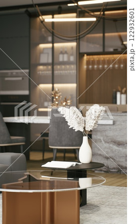 A modern living space featuring elegant furniture, a stylish coffee table, and decorative elements, creating a sophisticated ambiance. 3d rendering. 122932601