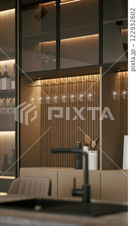 A modern kitchen interior featuring sleek cabinetry, warm lighting, and stylish decor, creating an inviting atmosphere. 3d rendering. 122932602
