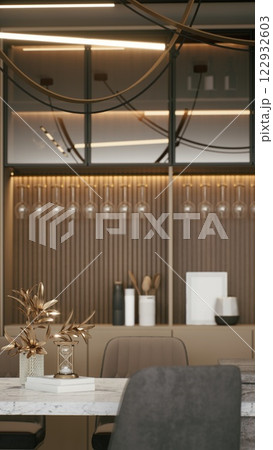 A modern interior featuring stylish decor, soft lighting, and a minimalist design, creating an elegant and inviting atmosphere. 3d rendering. 122932603