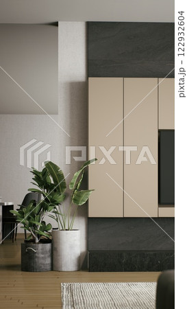 A modern interior featuring minimalist design, neutral colors, and a decorative plant, creating a stylish and serene atmosphere. 3d rendering. 122932604
