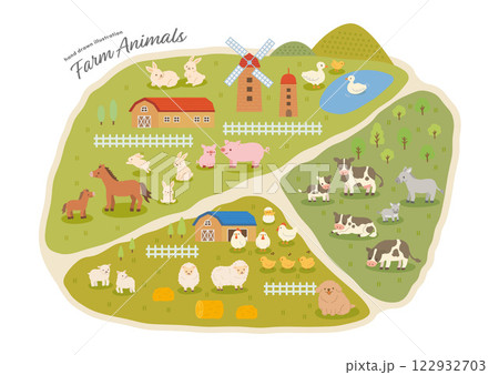 牧場の動物たちの手描きイラスト 122932703