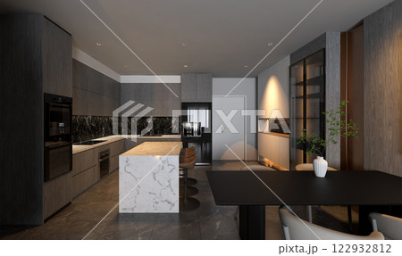 A modern kitchen featuring sleek cabinetry, a marble island, and stylish decor, blending functionality with contemporary design elements. 3d rendering room interior. 122932812