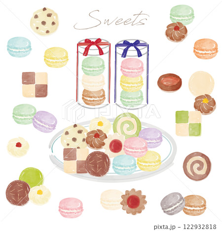 マカロンとクッキーの手描き水彩画イラストセット 122932818