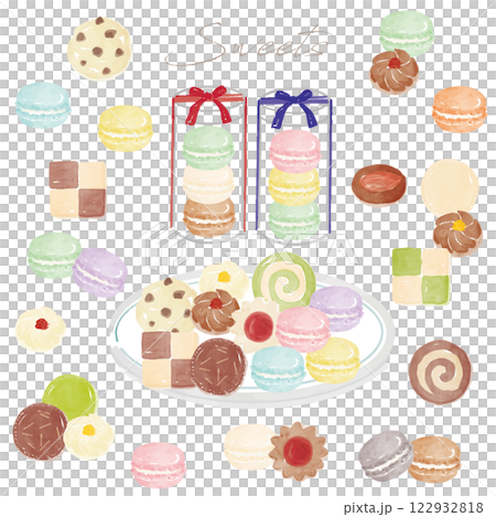 マカロンとクッキーの手描き水彩画イラストセット 122932818