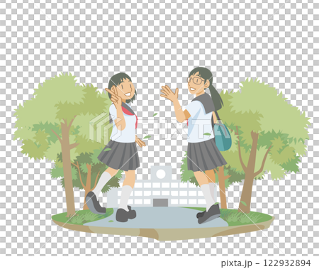 Female students walking to school along a green-lined street 122932894
