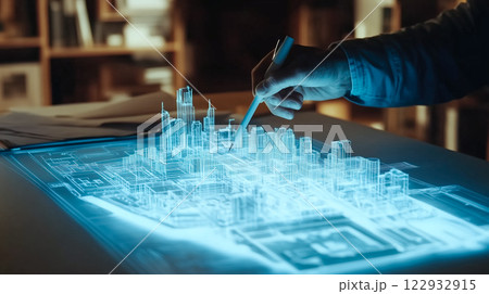 An architect brings architectural designs to life with 3D holographic construction models. The concept of innovation in architecture and futuristic design. Generative Ai. 122932915