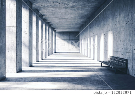 Symmetrical concrete columns casting soft shadows, embodying brutalist minimalist architecture  122932971