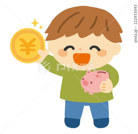 貯金箱とお金を持った子供のイラスト（男の子） 122933043
