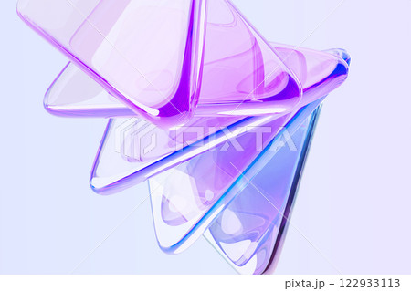 Abstract 3d background with crystal glass transparent triangle plate shapes, rainbow light flare effect, prism refraction. Holographic gradient triangular pattern, render tech banner. 3D illustration 122933113