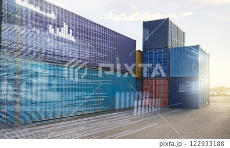 Transport logistic overlay, cargo shipping and distribution industry with worldwide freight delivery. Ecommerce courier logistics, import and export of commercial goods for a supply chain management 122933188