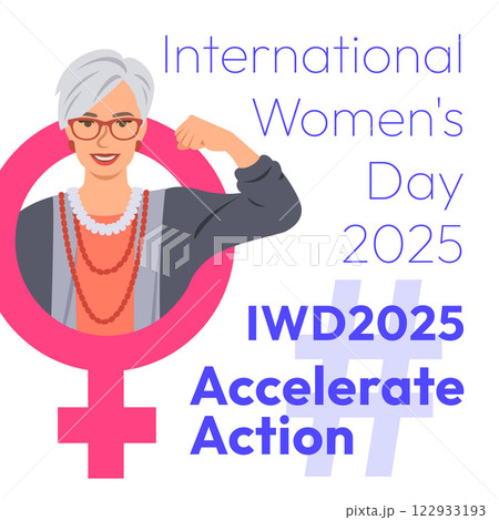 Accelerate Action campaign pose. International Women's Day 2025 square theme banner. Mature woman demonstrates a strong arm to show solidarity and support for women's rights and gender equality 122933193