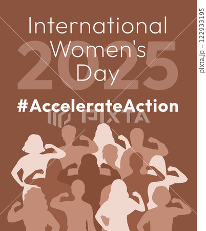 International Women's Day 2025 poster. Accelerate Action campaign pose. Diverse women in silhouettes demonstrate strong arm to show solidarity and support for women's rights and gender equality 122933195